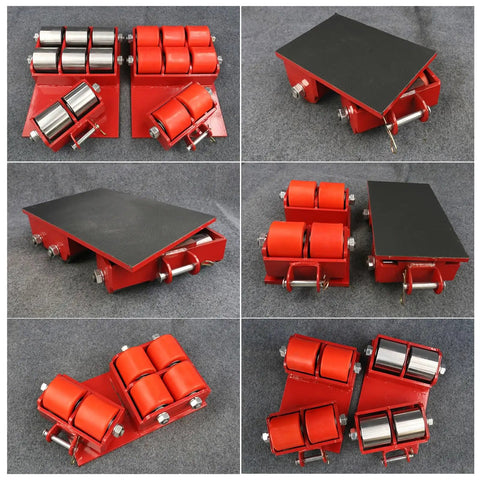 Heavy Duty Machinery Skates With Bulletproof Steel Wheels Shop Rig Hauler For Factory Gear Swapping smooth rolling dollies set with red metal frame.