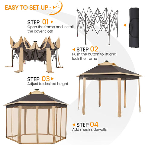 Easy Pop Up 13x13 Patio Gazebo Tent With All Around Mesh Sides And 25 Solar LED Lights setup steps illustration