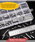 110 Piece Dowel Pin Set M2 M3 M4 M5 304 Stainless Steel Cylindrical Shelf Peg Pins in a plastic storage box, with ruler for scale.