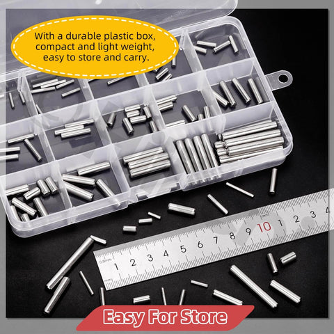 110 Piece Dowel Pin Set M2 M3 M4 M5 304 Stainless Steel Cylindrical Shelf Peg Pins in a plastic storage box, with ruler for scale.