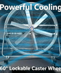 Heavy Duty Industrial Floor Fan With Multi Angle Tilt Stand And Reinforced Steel Frame, features 360° lockable caster wheels.