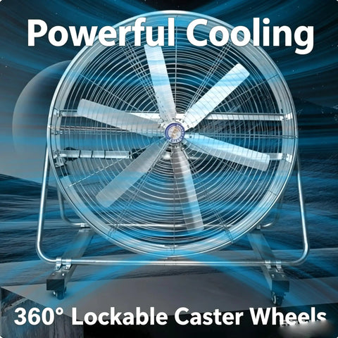 Heavy Duty Industrial Floor Fan With Multi Angle Tilt Stand And Reinforced Steel Frame, features 360° lockable caster wheels.