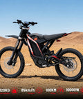 Badass 10000W Electric Dirt Bike For Adults With 72V 35Ah Battery Offering 52 Mile Range and Rugged Full Suspension System Featuring Dual Hydraulic Brakes For Dope Off Road Adventures shown in desert setting.