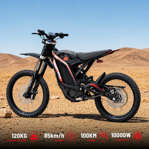 Badass 10000W Electric Dirt Bike For Adults With 72V 35Ah Battery Offering 52 Mile Range and Rugged Full Suspension System Featuring Dual Hydraulic Brakes For Dope Off Road Adventures shown in desert setting.