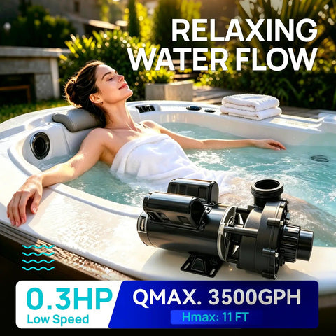 Built Tough 1.5HP Dual Speed Spa Pump Featuring Slick 48 Frame Motor Design And Kickass Water Flow With Zero Sweat Quick Swap Install For Ultimate Hot Tub Vibes in jacuzzi with relaxing water flow.