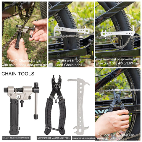 7 Piece Bike Tool Kit With Storage Case For Mountain And Road Bikes including chain tools and measurements, shown in use.
