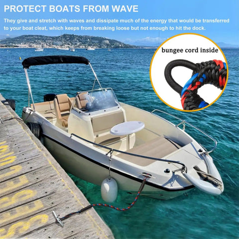 Boat secured with Heavy Duty Bungee Dock Lines For Boats Quick Docking And Safe Mooring Pontoon And Bass Boat Mooring Gear