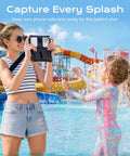 Woman using Two Pack Waterproof Fanny Pack With IPX8 Dry Belt Bag Touch Screen Phone Pouch Wallet at a water park with child