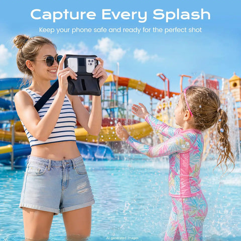 Woman using Two Pack Waterproof Fanny Pack With IPX8 Dry Belt Bag Touch Screen Phone Pouch Wallet at a water park with child