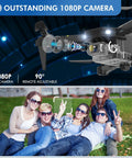 Kid Friendly 1080P HD FPV Mini Drone With Camera showcased above friends posing for a group photo in the park, 1080P camera detail.