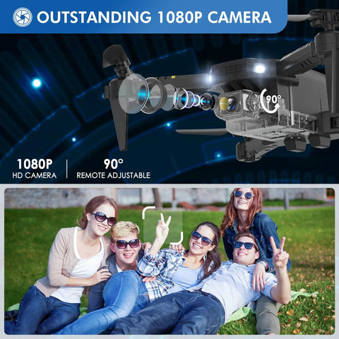 Kid Friendly 1080P HD FPV Mini Drone With Camera showcased above friends posing for a group photo in the park, 1080P camera detail.