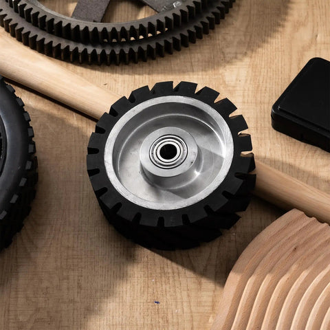 Tough 6X2 Inch Serrated Rubber Contact Wheel For Belt Grinder Machine With 6202 Bearing, showcasing the serrated design.