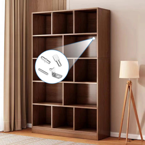 Rock Solid 108 Piece Shelf Pins Kit Featuring Premium Nickel Plated Steel Cabinet Pegs displayed on a wooden bookshelf.