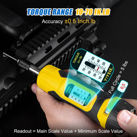 Close-up of 60Pcs Torque Screwdriver Wrench Set with 10-70 In-Lb Adjustable Torque in use on a rifle, focus on torque readout.