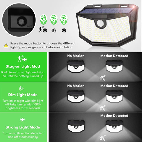 4 Pack Solar Outdoor Lights With Motion Sensor Super Bright 160 LEDs 270 Degree Wide Angle 3 Modes IP65 Waterproof Solar Powered Wall Lights modes