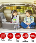 Portable 14 Liter Thermoelectric Cooler Warmer With 12 Volt Dc Power For Car Rv And Camping Use kept in car with kids enjoying snacks.