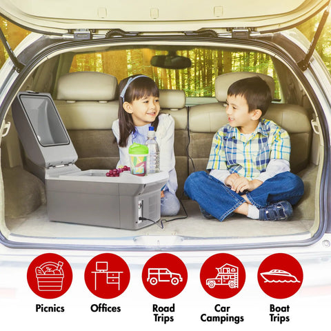Portable 14 Liter Thermoelectric Cooler Warmer With 12 Volt Dc Power For Car Rv And Camping Use kept in car with kids enjoying snacks.