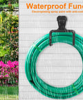 Heavy Duty Metal Garden Hose Holder Wall Mounted Outdoor Water Hose Reel Rust Proof Steel Hanger with green hose.