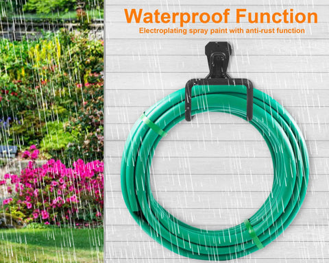 Heavy Duty Metal Garden Hose Holder Wall Mounted Outdoor Water Hose Reel Rust Proof Steel Hanger with green hose.