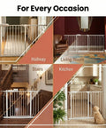 Narrow Baby Gate 24.4 To 29 Inches, Pressure Mounted No Drill, White Metal Safety Gate showing use in hallway, living room, stairs, kitchen.