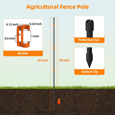 Portable 25 Piece 46 Inch Electric Fence Posts Kit With 75 Insulators showing post, buckle, protective hat, and bottom tip