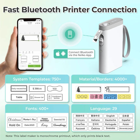 Screen showing Pocket Sized Bluetooth Label Maker With Tape P21 Wireless Printer, templates and app interface for iOS and Android.