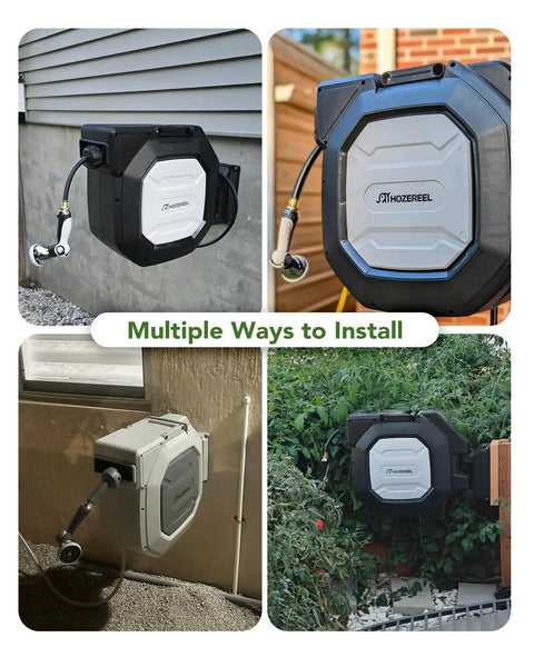 Multiple installations of Five Eighth Inch By One Hundred Foot Heavy Duty Retractable Garden Hose Reel With Wall Mount