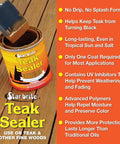 Teak Sealer No Drip No Splash One Coat Finish For Outdoor Furniture And Boats with brush on wood, 16 oz can shown.