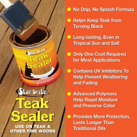Teak Sealer No Drip No Splash One Coat Finish For Outdoor Furniture And Boats with brush on wood, 16 oz can shown.