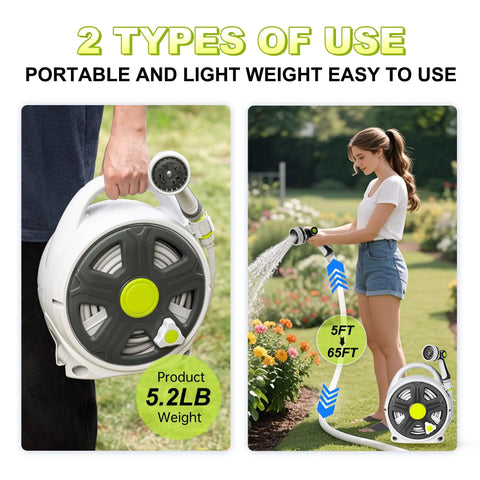 Retractable Garden Hose Reel With Half Inch 65 Ft Heavy Duty Hose, 10 Spray Patterns, Compact design, woman watering plants