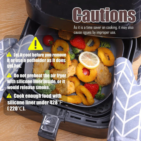 Air fryer with Square Silicone Liners for Air Fryer Two Pack Nonstick Food Grade Reusable Basket Mats, food inside, and caution tips.