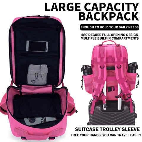 Open pink Beefy Military Tactical Backpack with dual compartments, MOLLE webbing, hydration compatible, designed for outdoor use