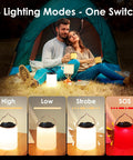Couple camping with Powerful 1000LM LED Camping Lantern With Rechargeable Battery, showing 4 light modes in use