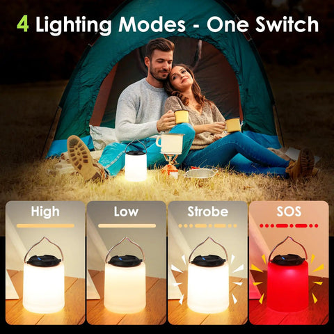 Couple camping with Powerful 1000LM LED Camping Lantern With Rechargeable Battery, showing 4 light modes in use