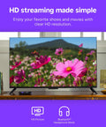 Next Level HD Media Stick Player With Clutch Voice Remote displaying vibrant HD flowers on TV for seamless viewing.