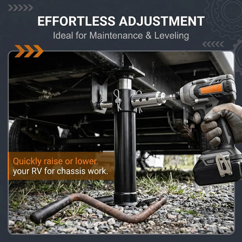 Using Heavy Duty 1 Inch Trailer Jack Drill Adapter Stainless Steel 1/2 Inch Socket Bit for RV to adjust jack height.