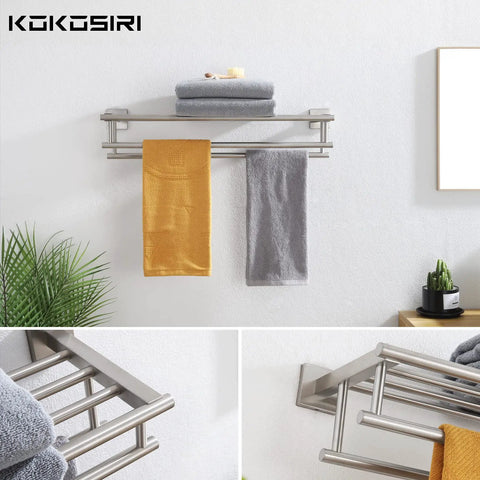 20 Inch Towel Rail And Shelf With Double Towel Bars For Bathroom Wall Mounted Towel Rack In SUS 304 Stainless Steel With Brushed Nickel Finish Rustproof And Durable Shower Organizer