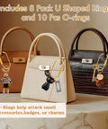 Three handbags with Slick Gold Brass Key Ring Organizer Set 8 Pack For Everyday Carry Secure Screw Locking Key Chains attached.
