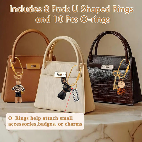 Three handbags with Slick Gold Brass Key Ring Organizer Set 8 Pack For Everyday Carry Secure Screw Locking Key Chains attached.