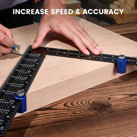 Tall Stair Gauges For Framing Square Set, Non Slip Framing Jig For Easier And Faster Stair Layout, Keeps Run And Rise Consistent, Boosts Accuracy On Rafters And Stringers, Blue Pack Of 2 shown in use on a wooden board