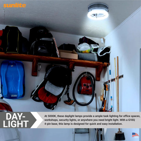 Garage ceiling with FCL30 50K T9 Round Fluorescent Circline Lamp 30W 1800 Lumens Daylight 5000K Long Life 10000 Hour RoHS Compliant G10Q 4 Pin Base Ceiling Light Your Go To For Offices Cafes And Kitchens 1 Pack providing illumination