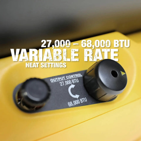 Control knob for Industrial Grade 68000 Btu H Forced Air Propane Heater with variable heat settings from 27,000 to 68,000 BTU.
