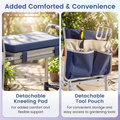 Two In One Garden Kneeler And Seat Grab And Go Foldable with detachable EVA kneeling pad and tool pouch on heavy duty steel frame