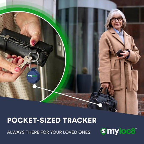 Pocket-sized GPS tracker attached to a keyring, perfect for keys, wallets, and kids delivering real-time location tracking waterproof build built in sim sos emergency alert and works flawlessly with iOS and Android apps.