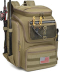 Fishing Backpack 45L With Rod Holders, Water Resistant Tackle Storage Pack For Fishermen, khaki color, large capacity, side view