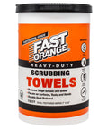 Container of Heavy Duty Scrubbing Towels With Dual Textured Power 72 Count for cleaning grease and grime from hands and surfaces
