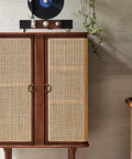 Vintage wooden cabinet with rattan doors and stylish decor; fits 4 Pack Boss Grade Solid Brass Antique Brass Drawer Pulls Ring Handles.
