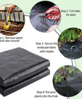 Heavy Duty Weed Barrier Landscape Fabric For Gardens And Lawns installation steps with tools and fabric details
