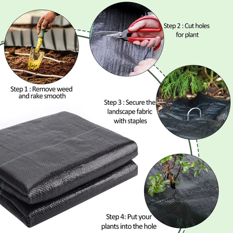 Heavy Duty Weed Barrier Landscape Fabric For Gardens And Lawns installation steps with tools and fabric details