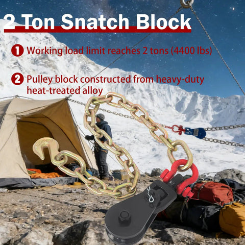 Heavy Duty 2 Ton Snatch Block With 2 Ft Steel Chain And 3 Inch Sheave For Lifting, Towing, And Winching On Demanding Jobs, Built To Handle A 4400 Lb Working Load Limit, with chain and hook
